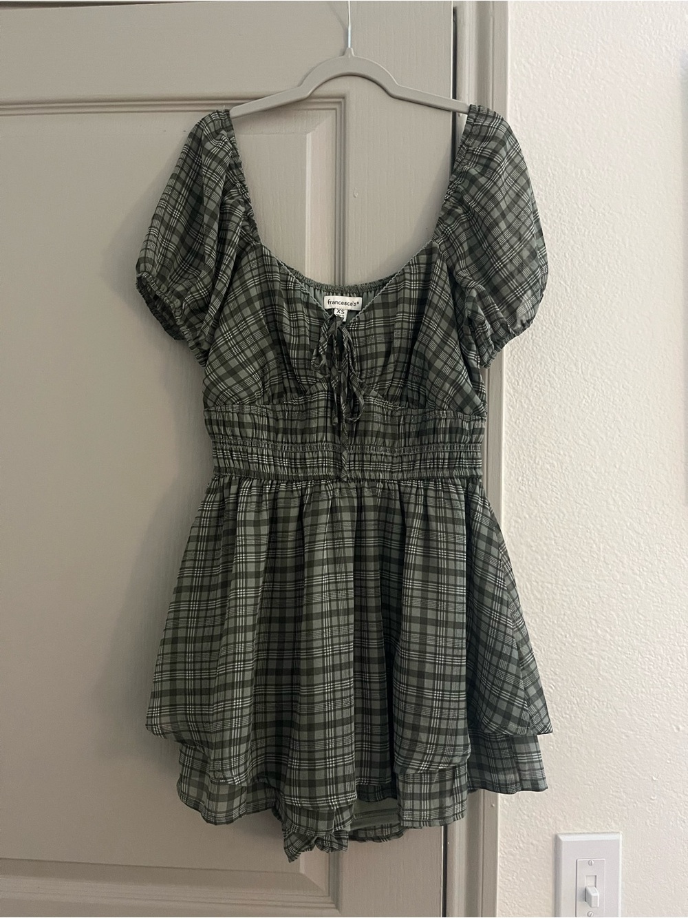 Francesca's Collections Green Plaid Puff-Sleeve Dress